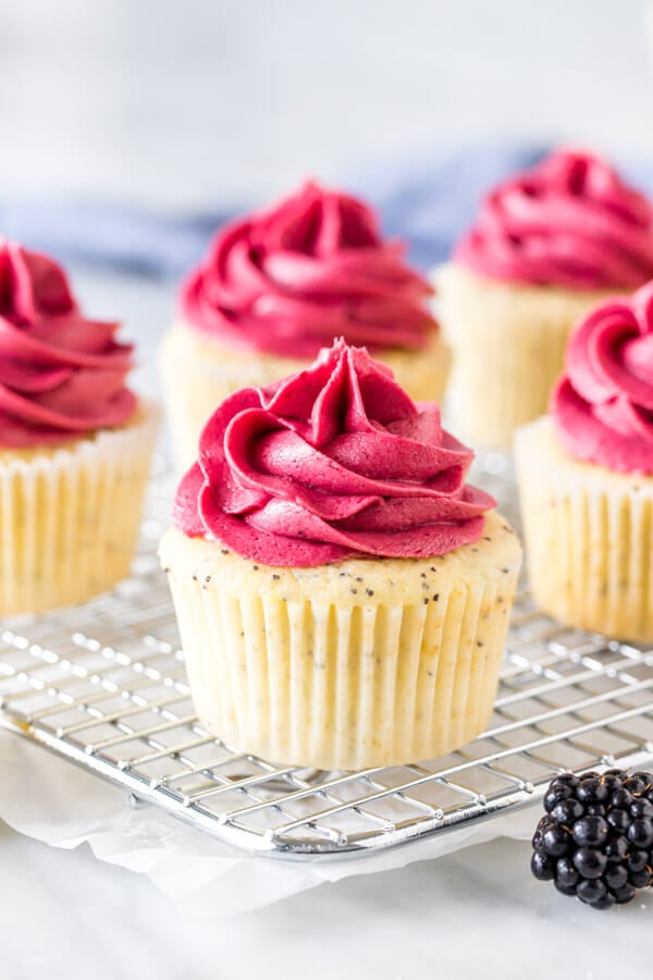 Lemon Poppy Seed Cupcakes with Blackberry Frosting