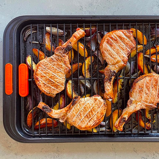 Sheet Pan Pork Chops with Roasted Peaches and Balsamic Ranch